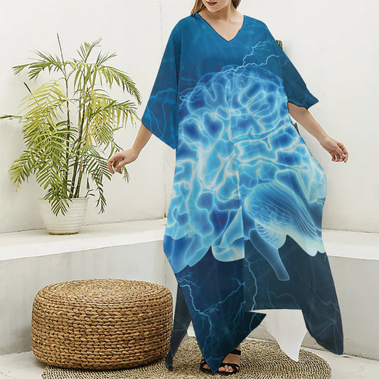 Blue Electrical Brain Activity Print Silk V-Neck Kaftan Dress