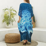 Blue Electrical Brain Activity Print Silk V-Neck Kaftan Dress