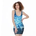 Blue Electrical Brain Activity Print Sleeveless Bodycon Dress