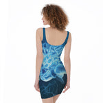 Blue Electrical Brain Activity Print Sleeveless Bodycon Dress