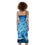 Blue Electrical Brain Activity Print Slim Fit Midi Cami Dress