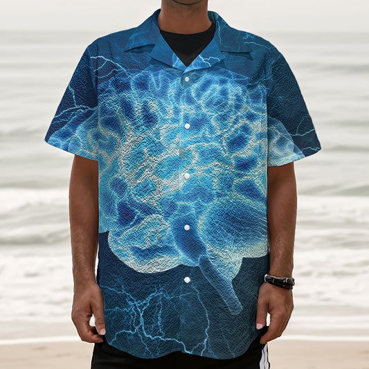 Blue Electrical Brain Activity Print Textured Short Sleeve Shirt
