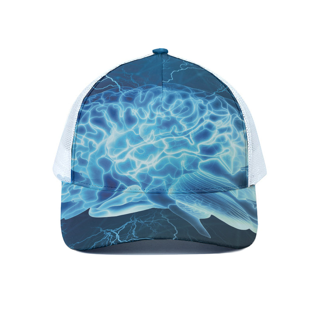 Blue Electrical Brain Activity Print White Mesh Trucker Cap