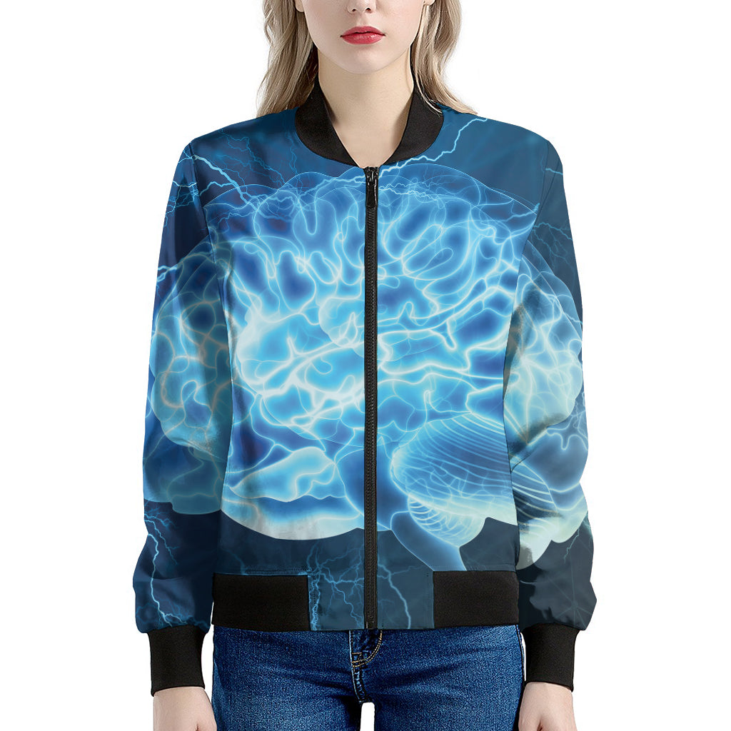 Blue Electrical Brain Activity Print Women's Bomber Jacket