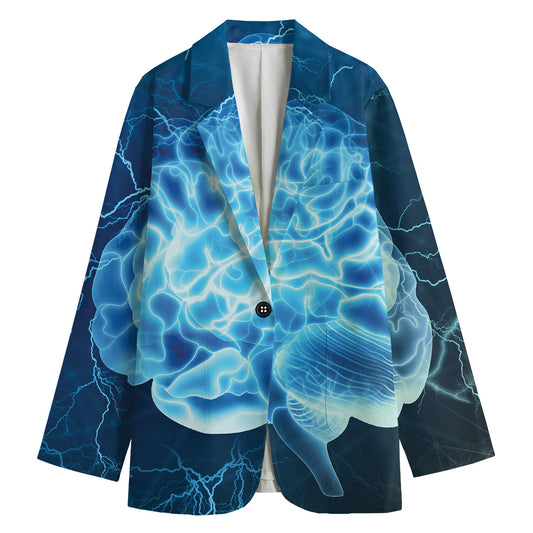 Blue Electrical Brain Activity Print Women's Cotton Blazer