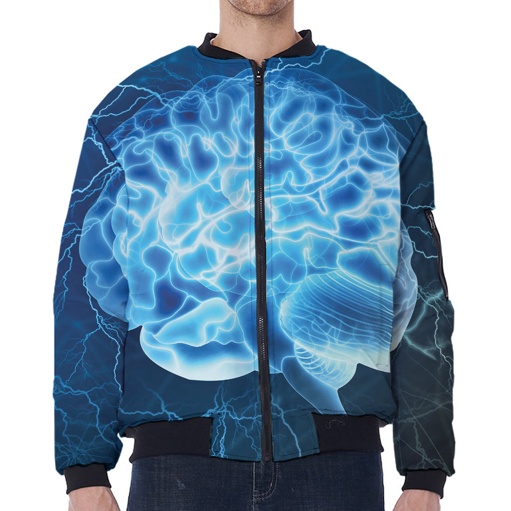 Blue Electrical Brain Activity Print Zip Sleeve Bomber Jacket