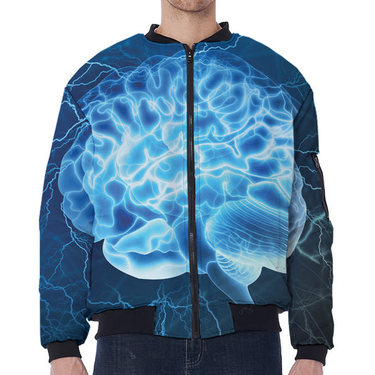 Blue Electrical Brain Activity Print Zip Sleeve Bomber Jacket
