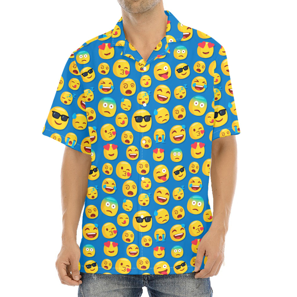 Blue Emoji Pattern Print Aloha Shirt