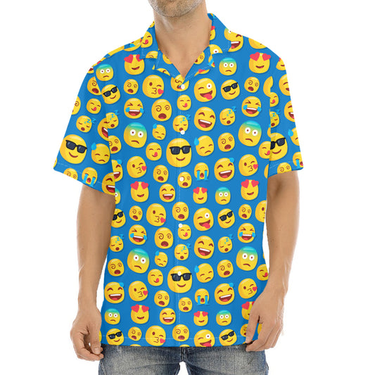 Blue Emoji Pattern Print Aloha Shirt