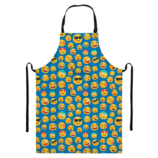 Blue Emoji Pattern Print Bib Apron With Pocket
