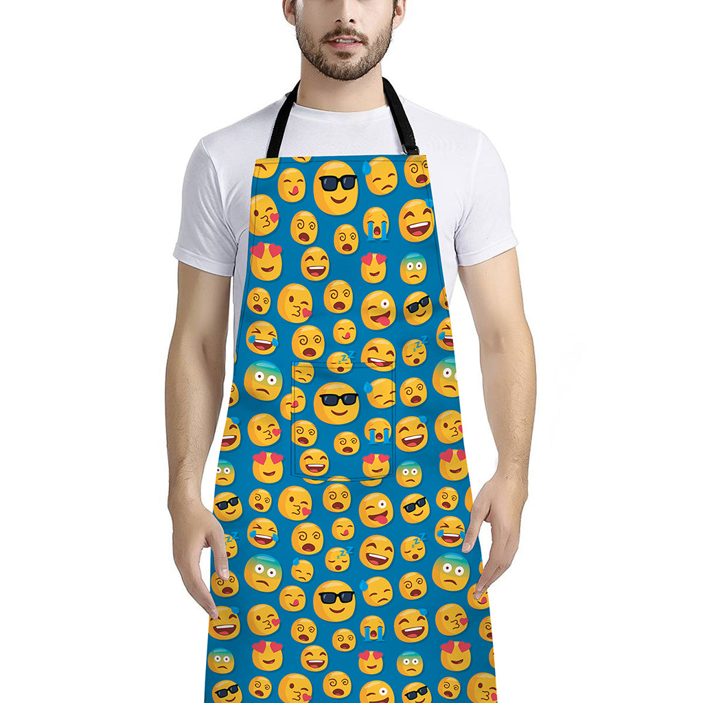 Blue Emoji Pattern Print Bib Apron With Pocket