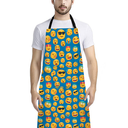Blue Emoji Pattern Print Bib Apron With Pocket