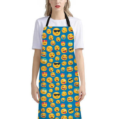 Blue Emoji Pattern Print Bib Apron With Pocket