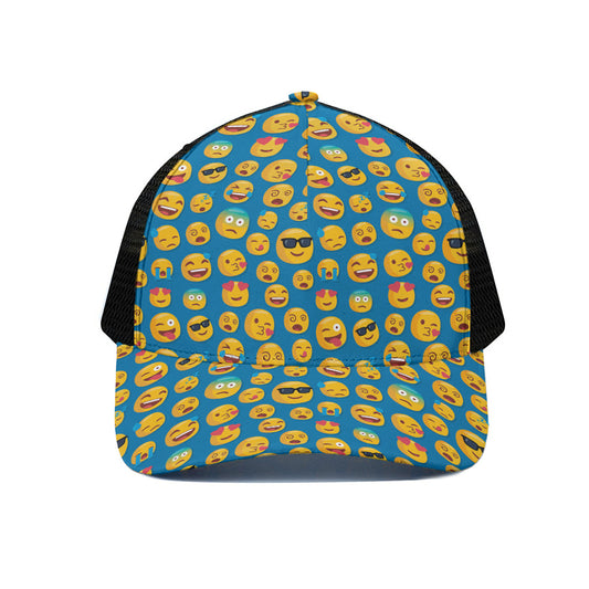 Blue Emoji Pattern Print Black Mesh Trucker Cap