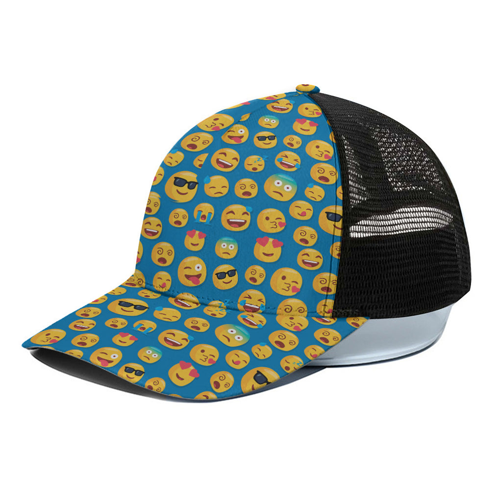 Blue Emoji Pattern Print Black Mesh Trucker Cap