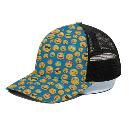 Blue Emoji Pattern Print Black Mesh Trucker Cap
