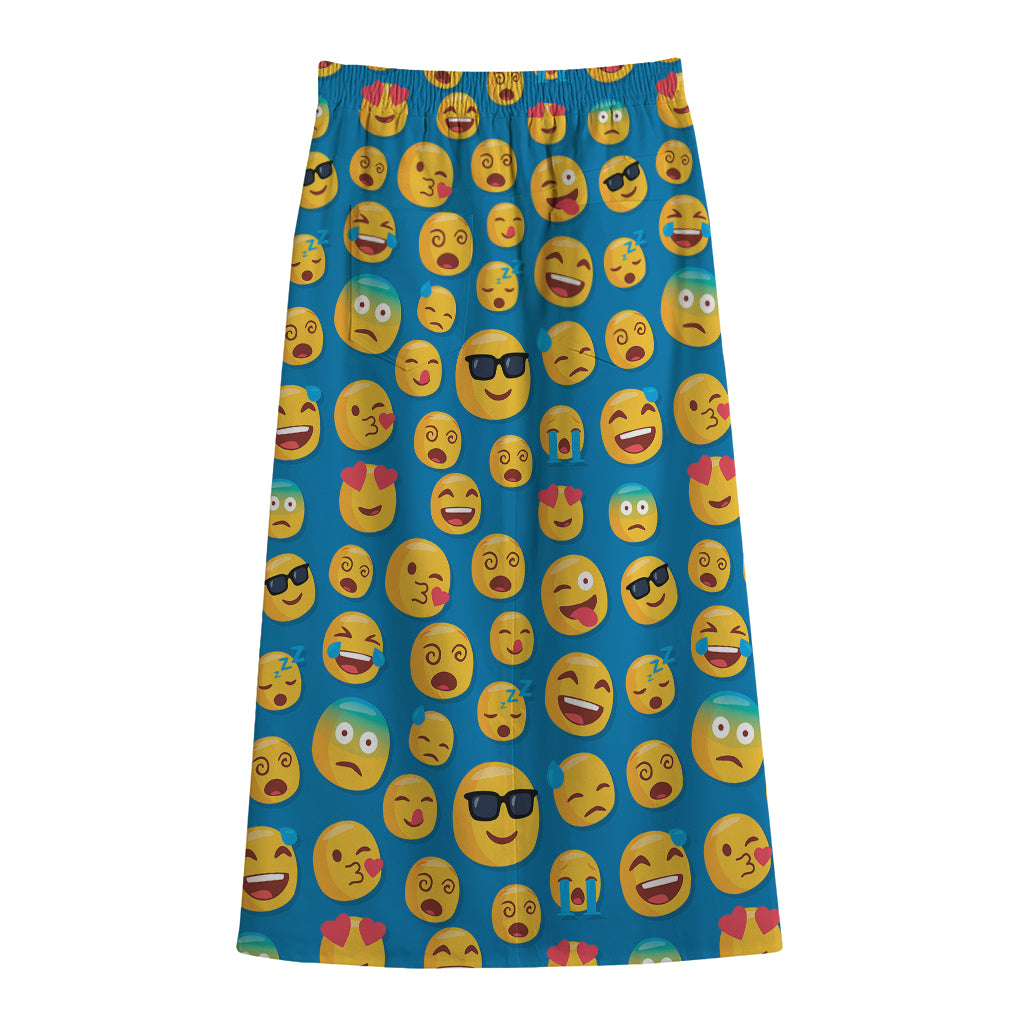 Blue Emoji Pattern Print Cotton Front Slit Maxi Skirt