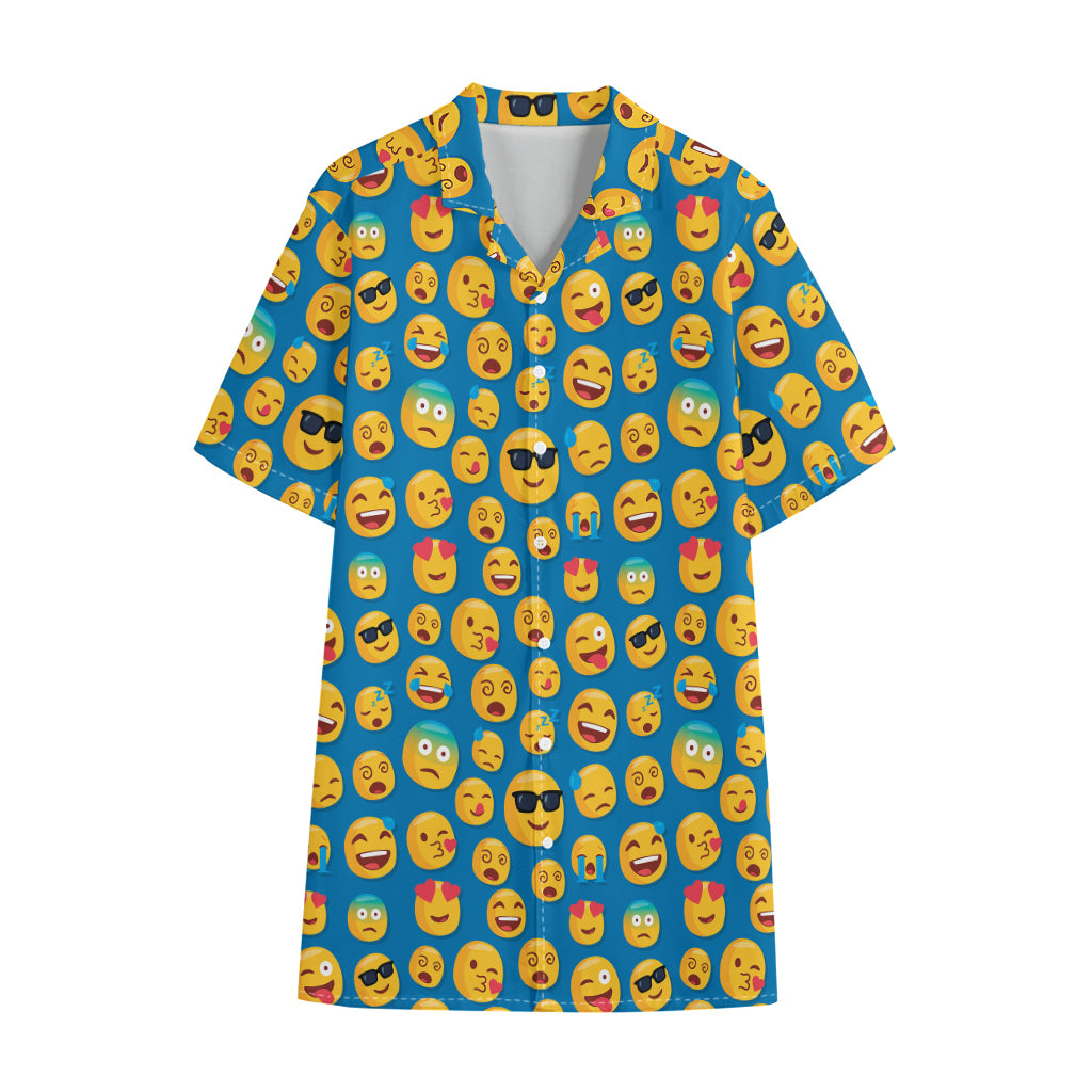 Blue Emoji Pattern Print Cotton Hawaiian Shirt