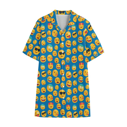 Blue Emoji Pattern Print Cotton Hawaiian Shirt