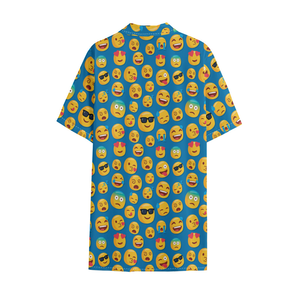 Blue Emoji Pattern Print Cotton Hawaiian Shirt