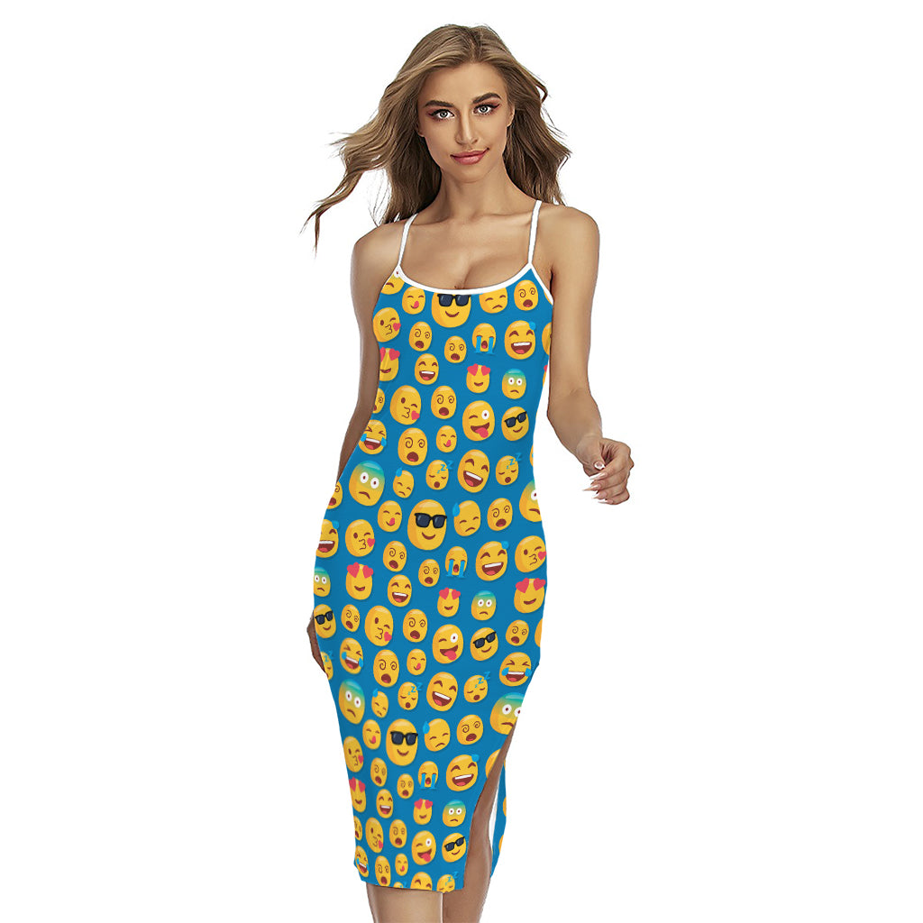 Blue Emoji Pattern Print Cross Back Cami Dress
