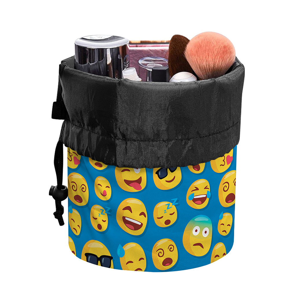 Blue Emoji Pattern Print Drawstring Makeup Bag