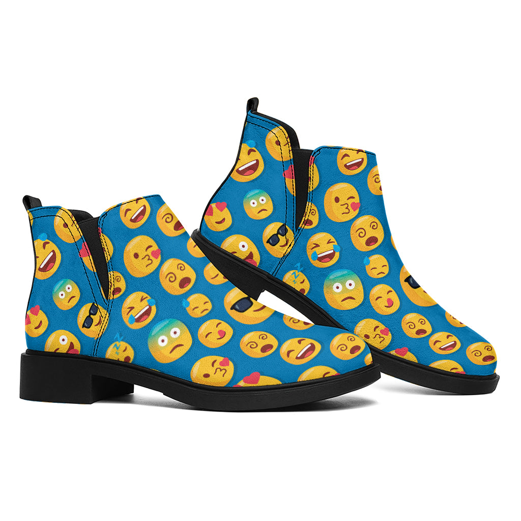 Blue Emoji Pattern Print Flat Ankle Boots