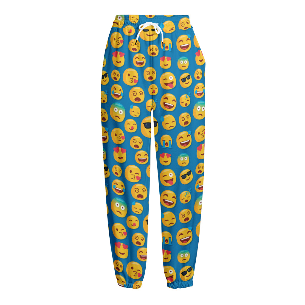 Blue Emoji Pattern Print Fleece Lined Knit Pants