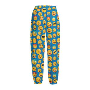 Blue Emoji Pattern Print Fleece Lined Knit Pants