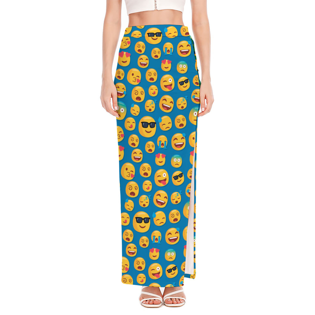 Blue Emoji Pattern Print High Slit Maxi Skirt