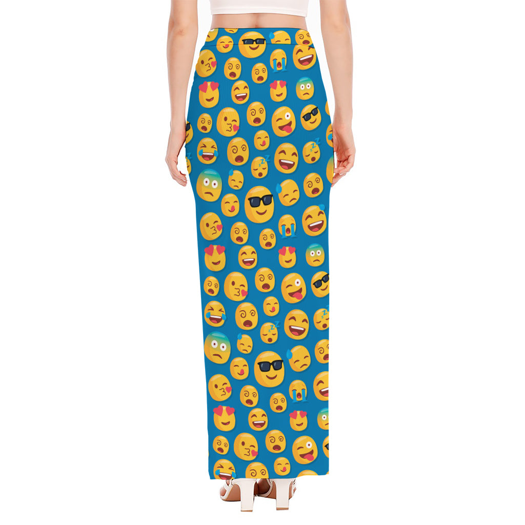 Blue Emoji Pattern Print High Slit Maxi Skirt