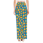 Blue Emoji Pattern Print High Slit Maxi Skirt