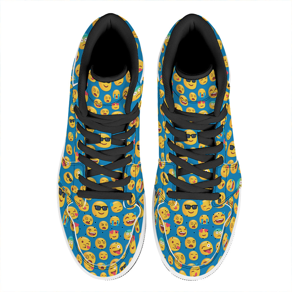 Blue Emoji Pattern Print High Top Leather Sneakers