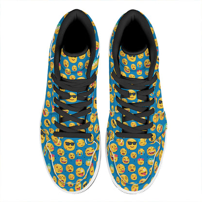 Blue Emoji Pattern Print High Top Leather Sneakers