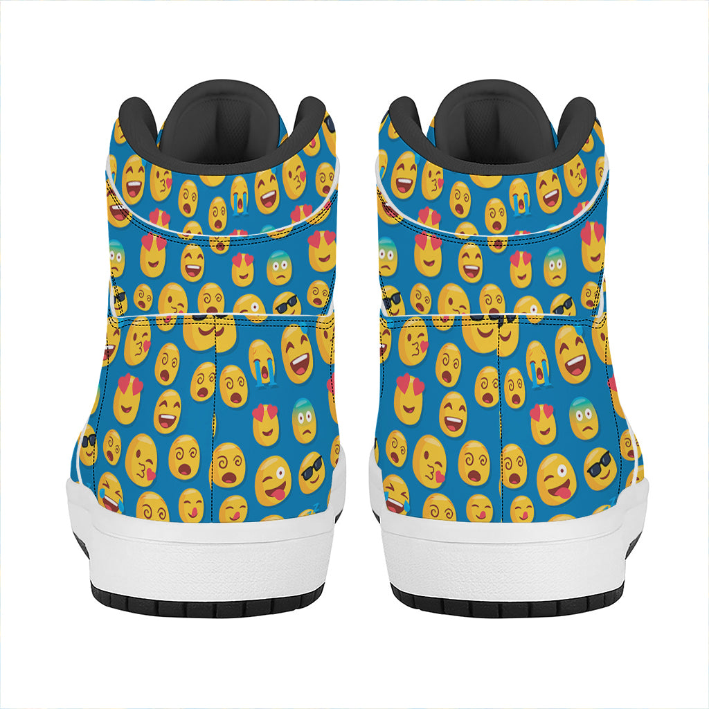 Blue Emoji Pattern Print High Top Leather Sneakers
