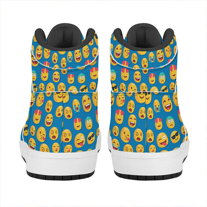 Blue Emoji Pattern Print High Top Leather Sneakers
