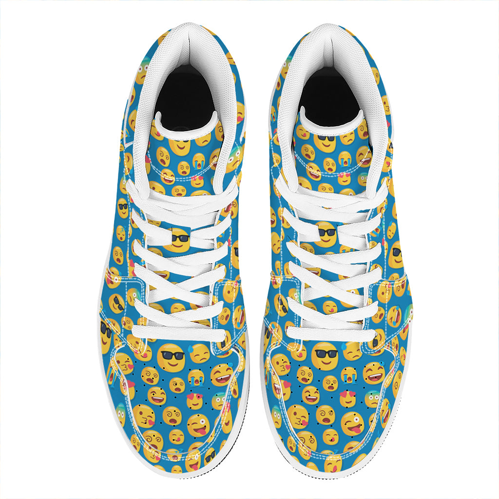 Blue Emoji Pattern Print High Top Leather Sneakers