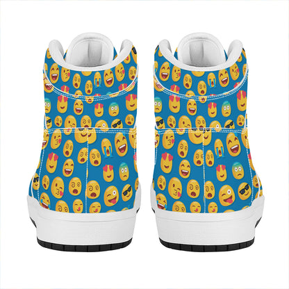 Blue Emoji Pattern Print High Top Leather Sneakers
