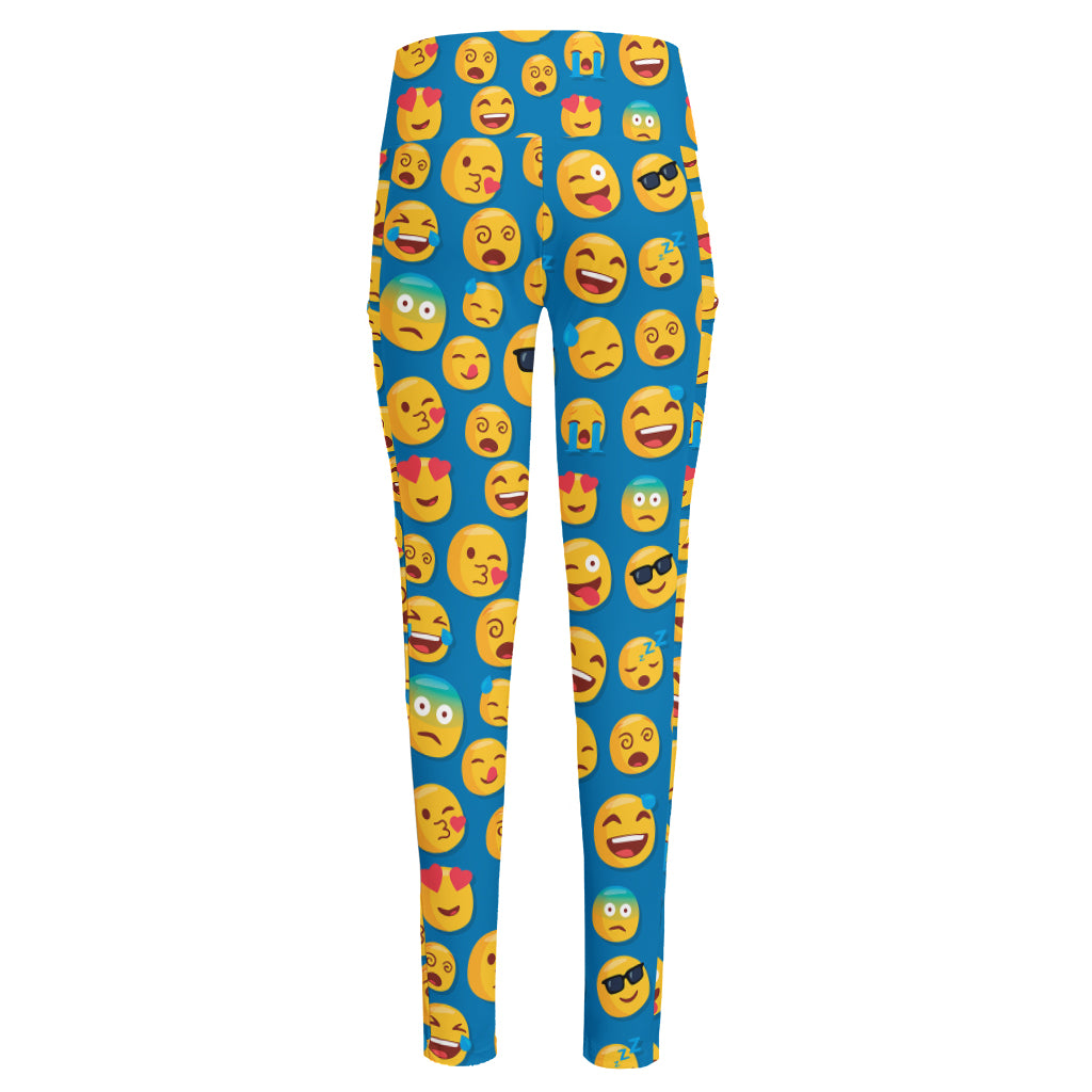 Blue Emoji Pattern Print High-Waisted Pocket Leggings