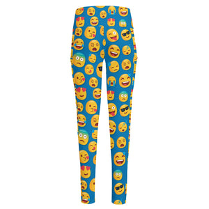 Blue Emoji Pattern Print High-Waisted Pocket Leggings