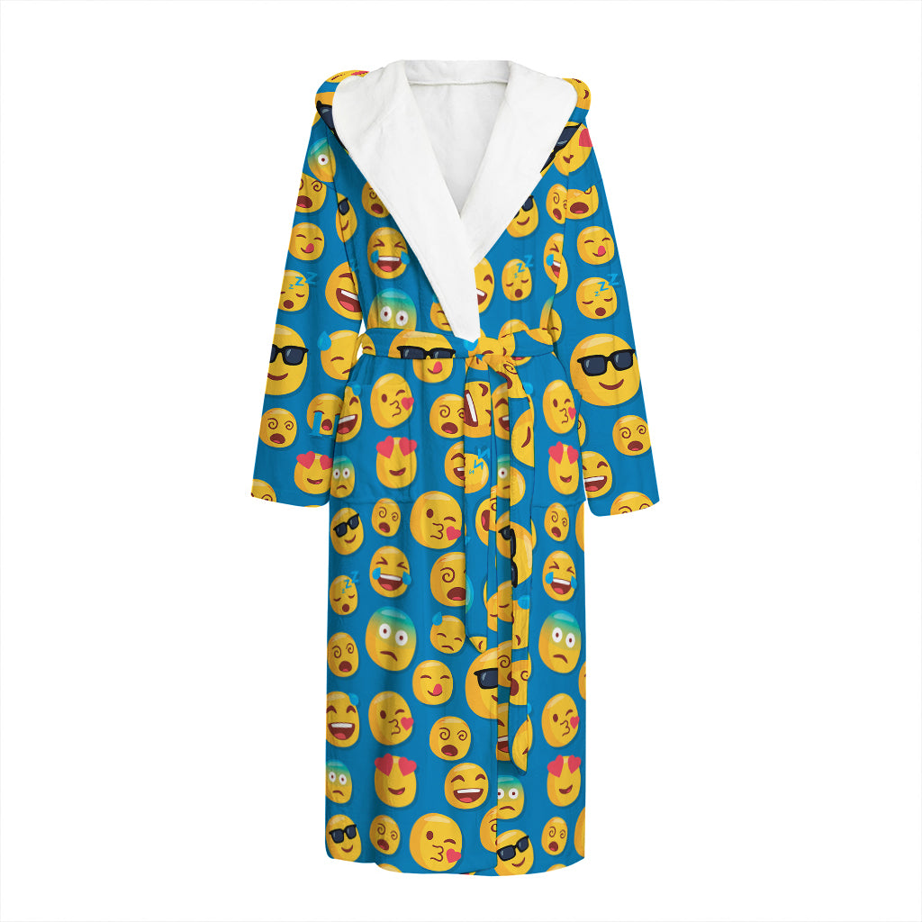 Blue Emoji Pattern Print Hooded Bathrobe