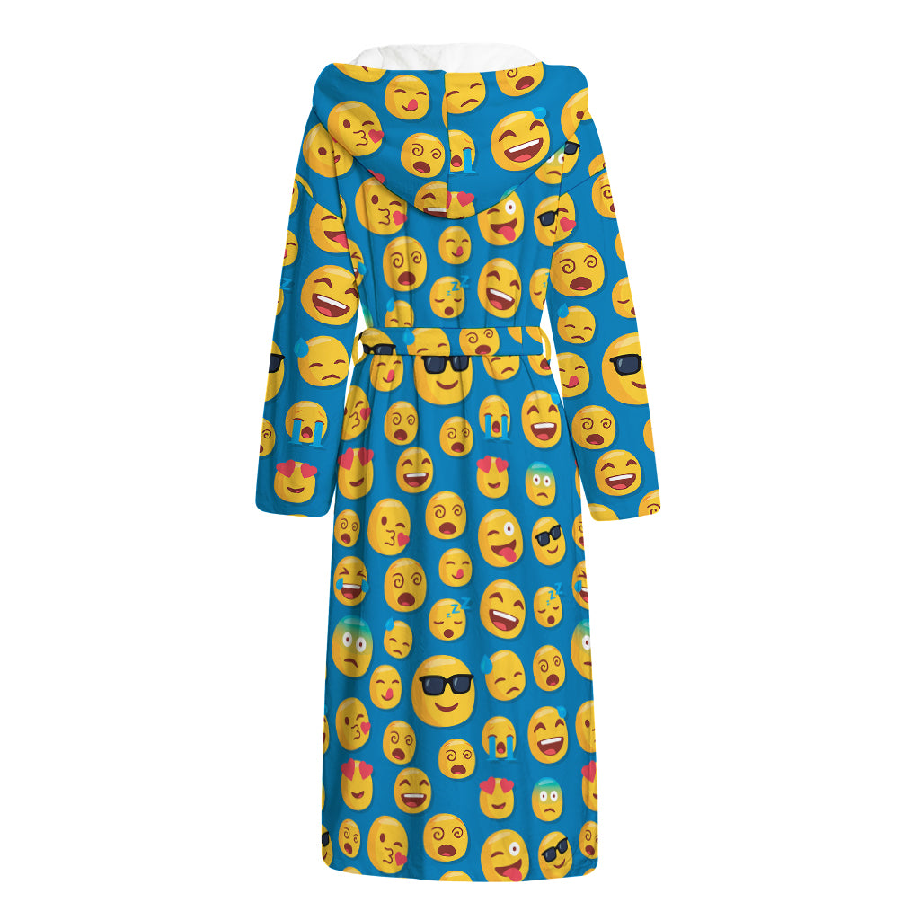 Blue Emoji Pattern Print Hooded Bathrobe