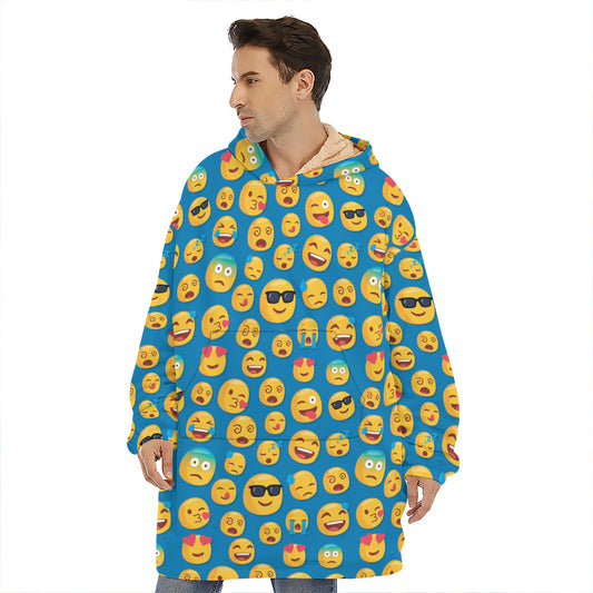 Blue Emoji Pattern Print Hoodie Blanket
