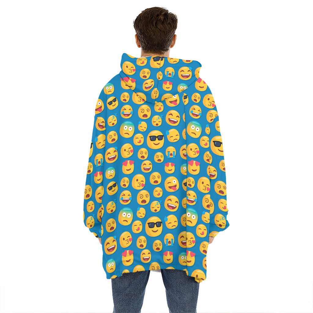Blue Emoji Pattern Print Hoodie Blanket