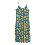 Blue Emoji Pattern Print Jersey Midi Cami Dress