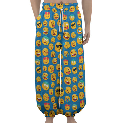 Blue Emoji Pattern Print Lantern Pants