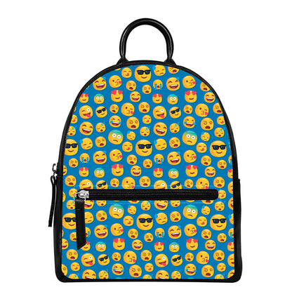 Blue Emoji Pattern Print Leather Backpack