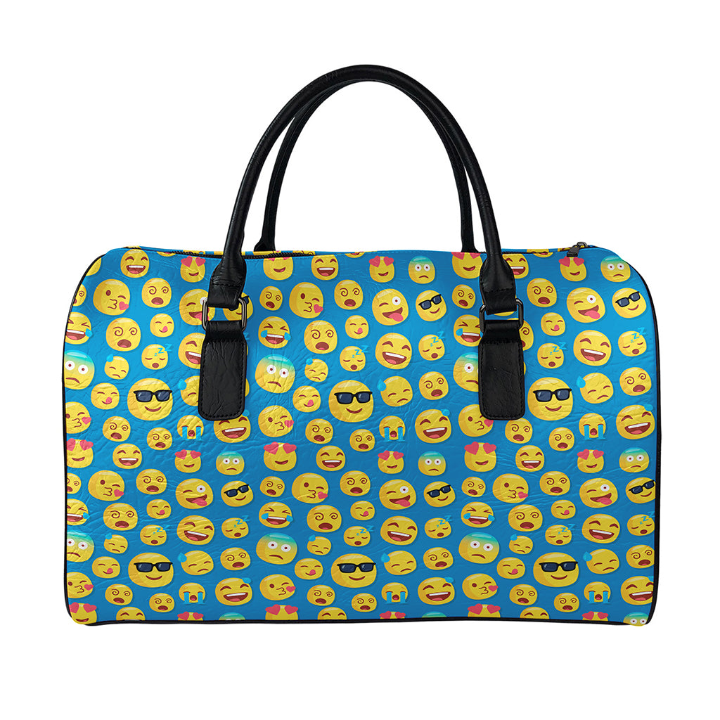 Blue Emoji Pattern Print Leather Duffle Bag