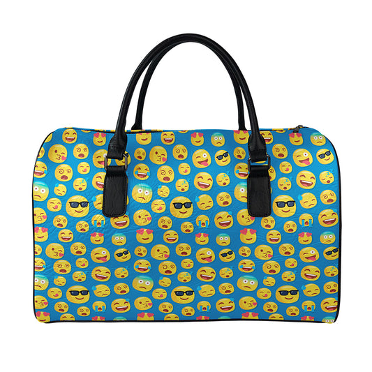 Blue Emoji Pattern Print Leather Duffle Bag