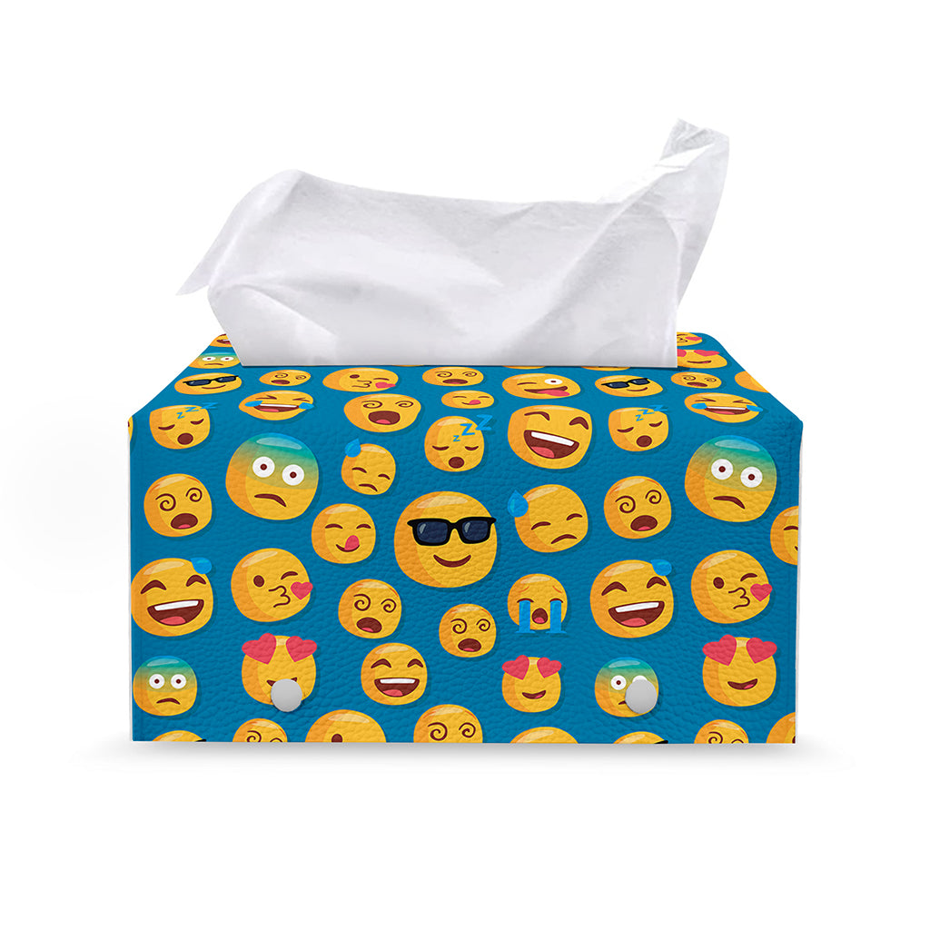 Blue Emoji Pattern Print Leather Tissue Box Cover